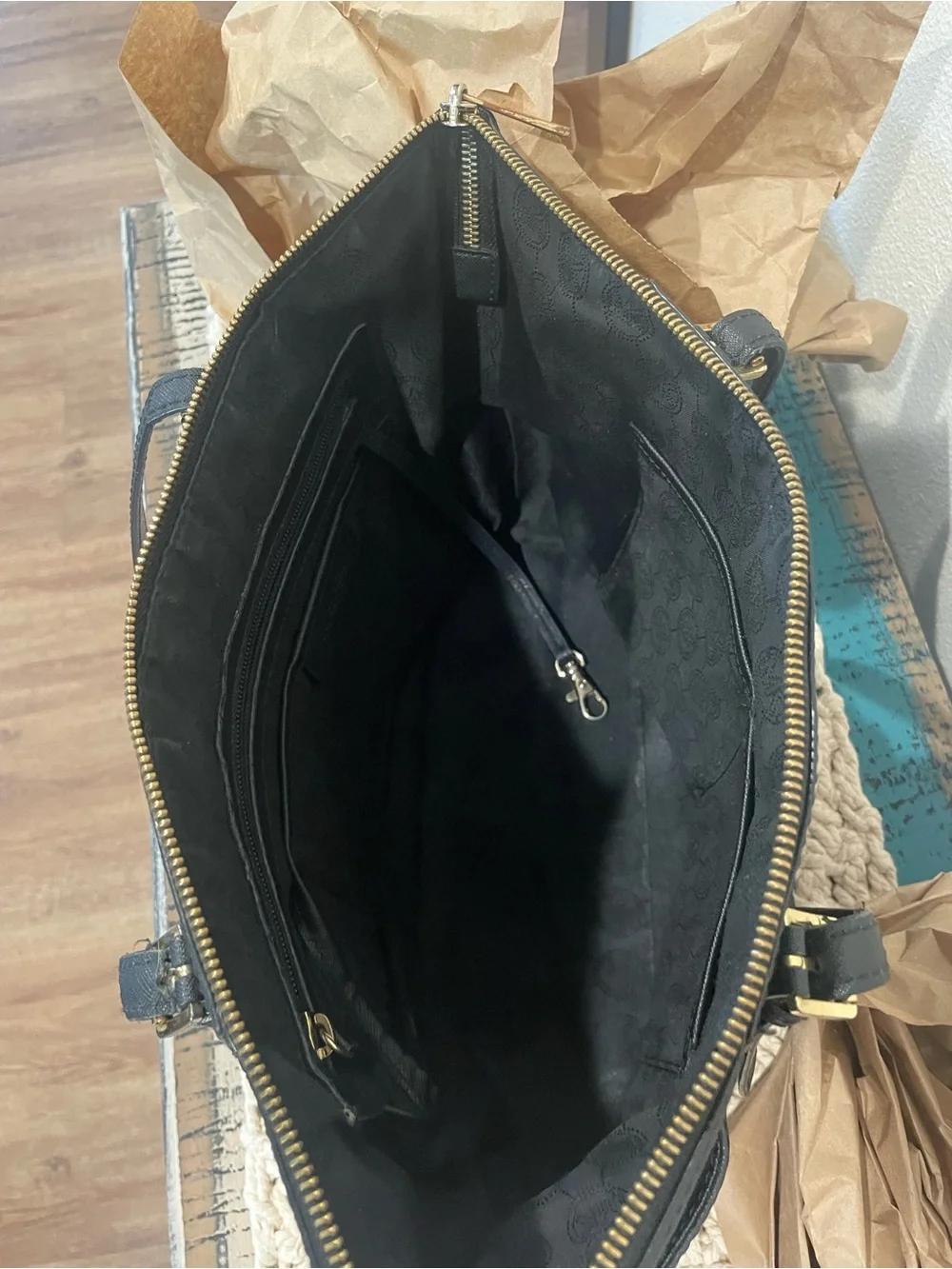 Michael Kors Black Leather Tote with Gold Logo Charm